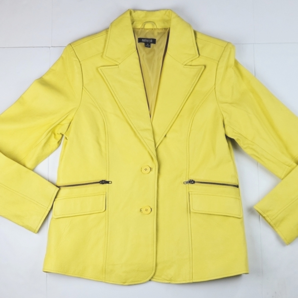 NWT Metrostyle Banana Yellow Leather Jacket Blazer Wide Lapel Zipper Detail